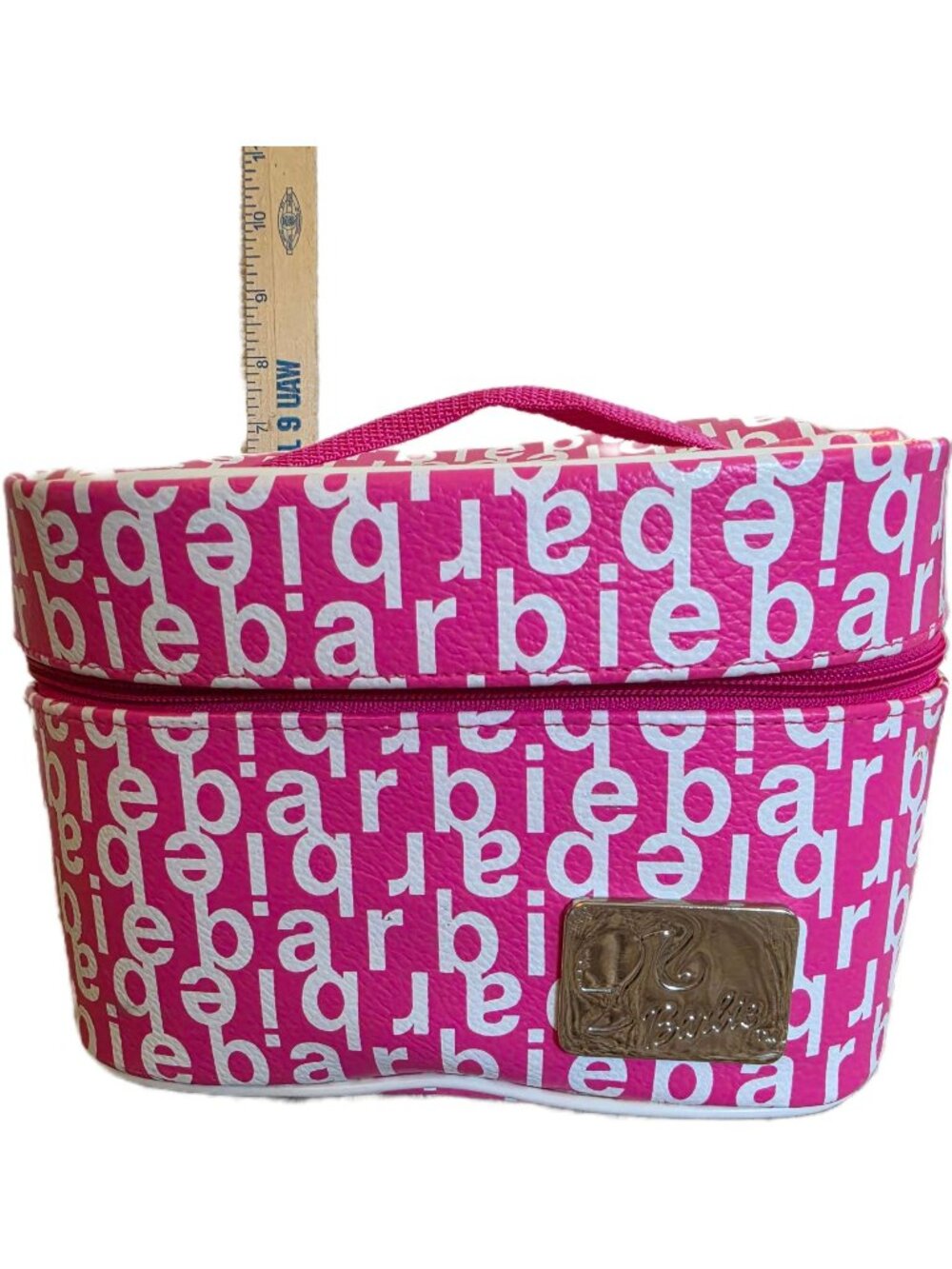 Pink Barbie Travel Makeup Case With Gold Logo Plaque Zipper Closure & Handle 200